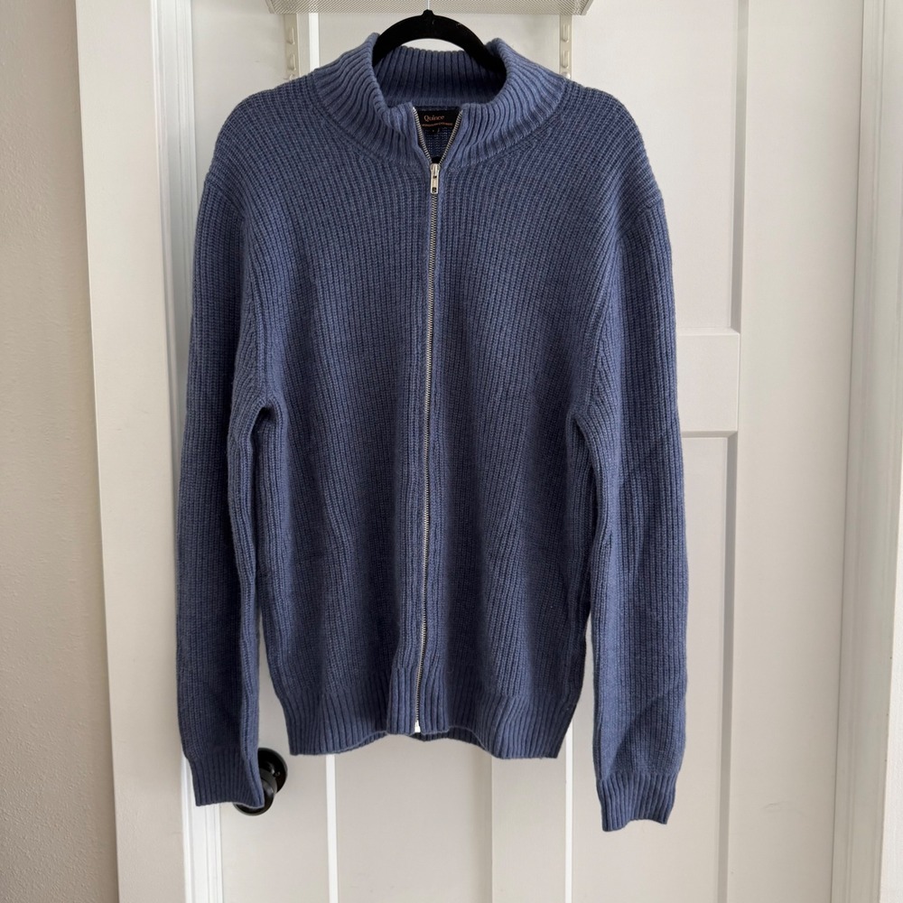 Quince Mongolian Cashmere Full Zip Ribbed Sweater Mens Blue Large Mock Neck